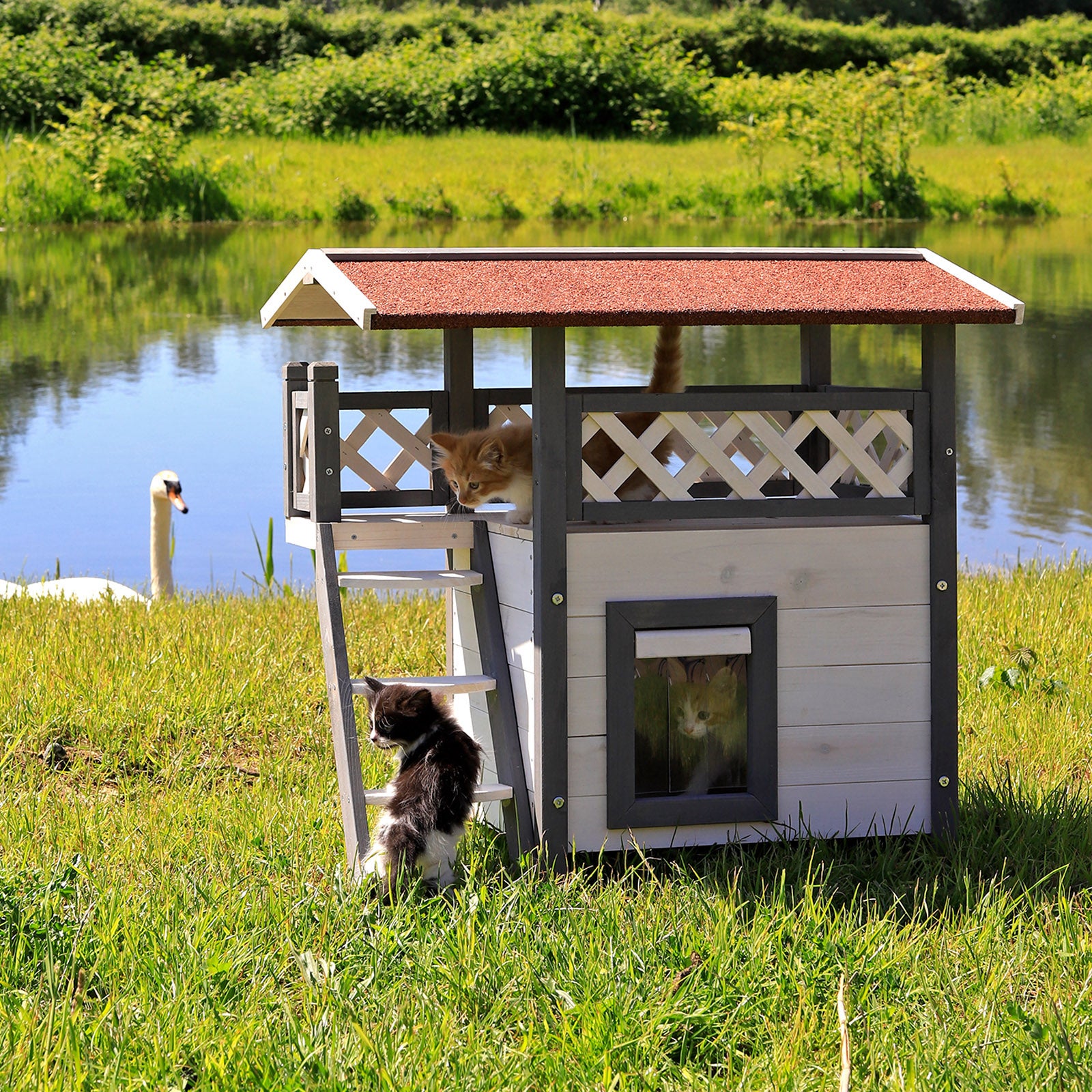 Lionto Casa Gatto Legno Casetta con Terrazza Grigia