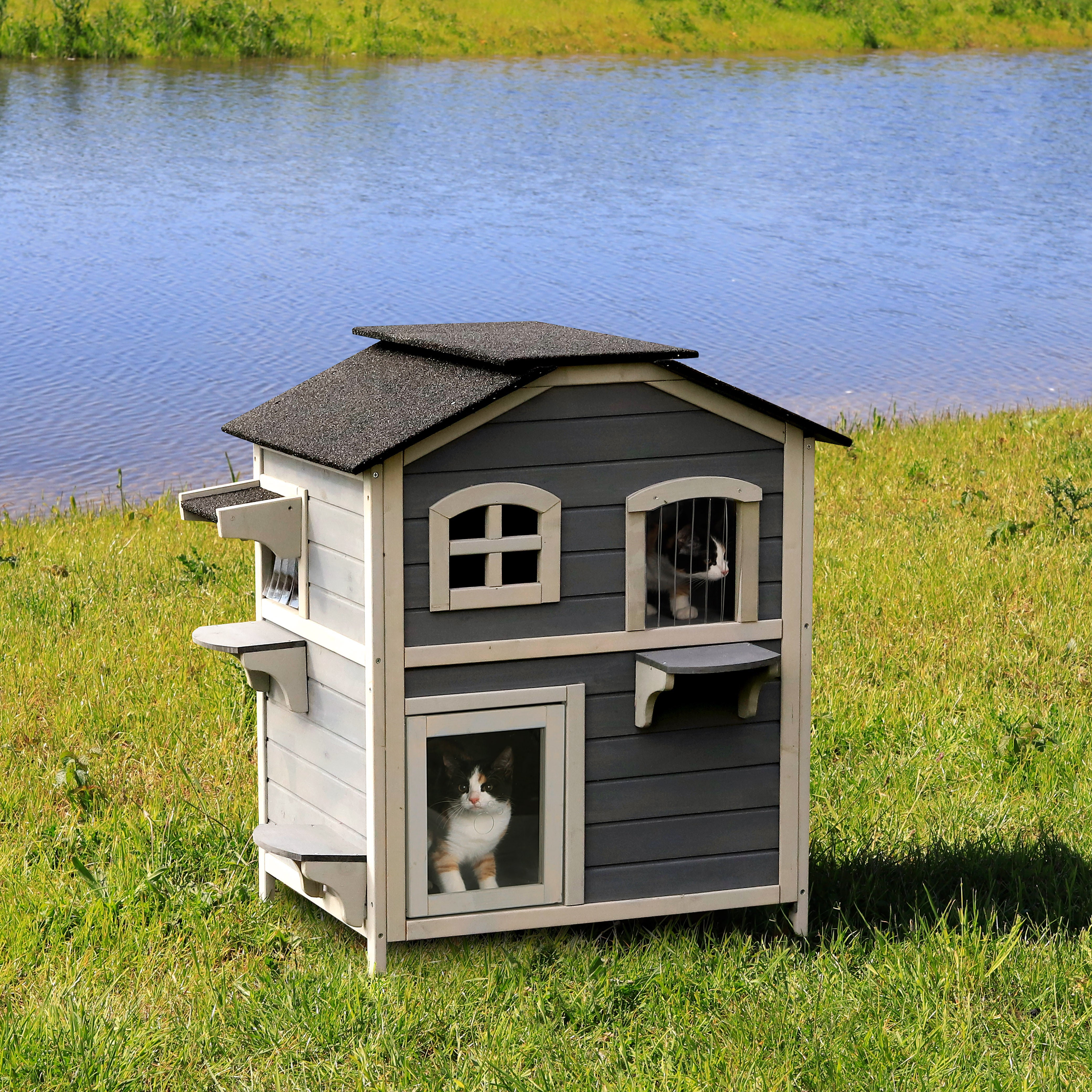 Lionto Katzenvilla casetta per gatti grigia 80x55x90 cm 2 piani