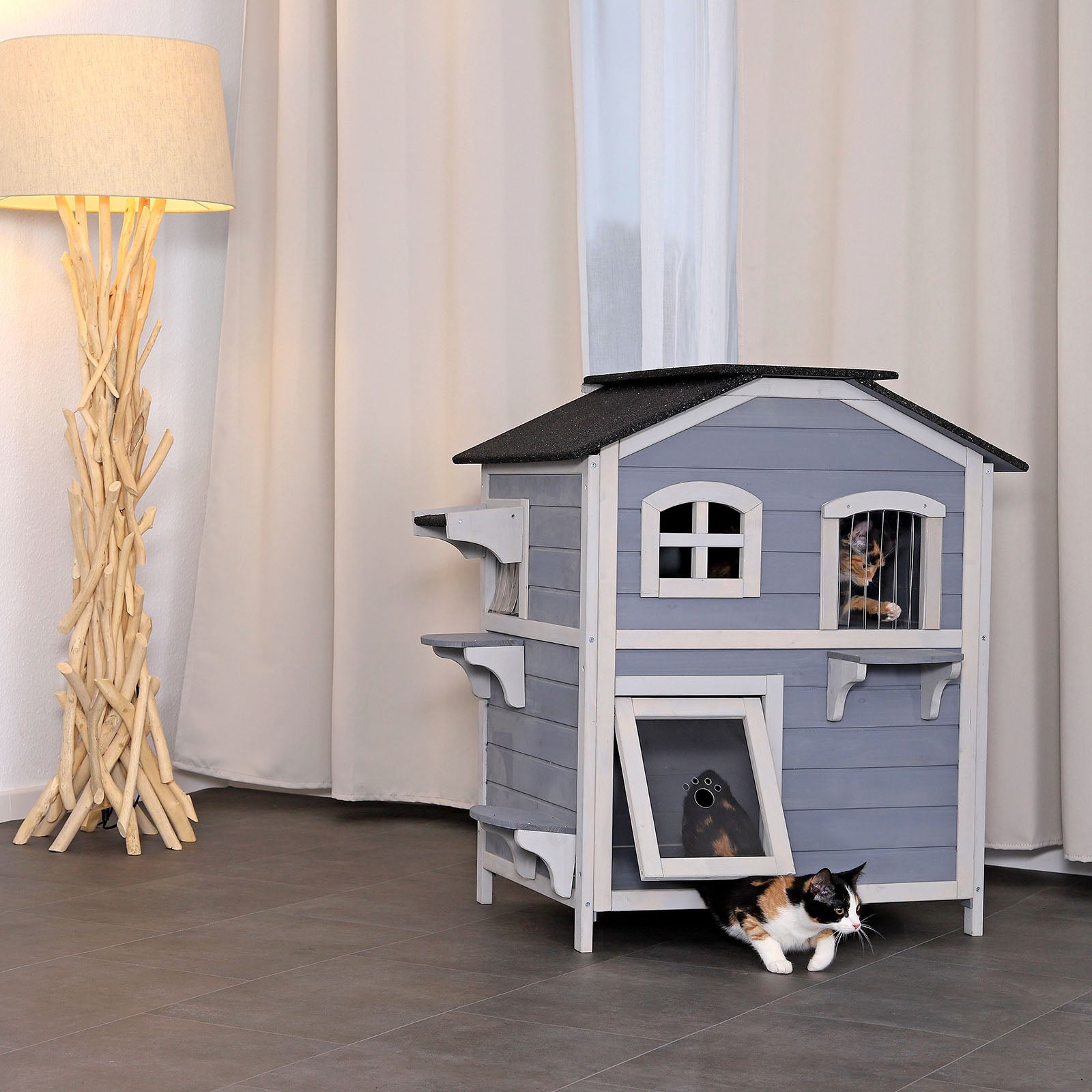 Lionto Katzenvilla casetta per gatti grigia 80x55x90 cm 2 piani