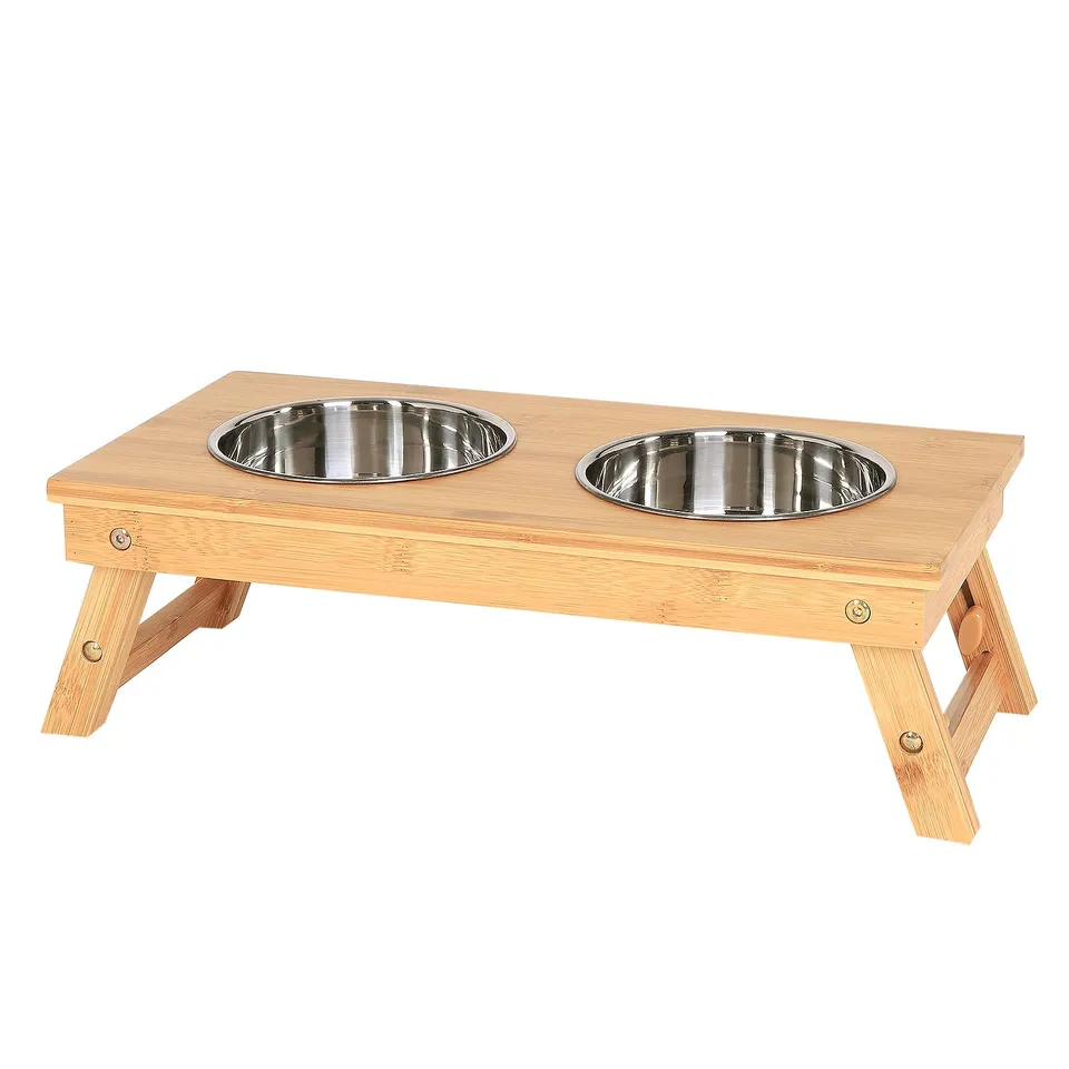 Lionto Katzenäpfe doppia ciotola gatto inox con supporto bambù