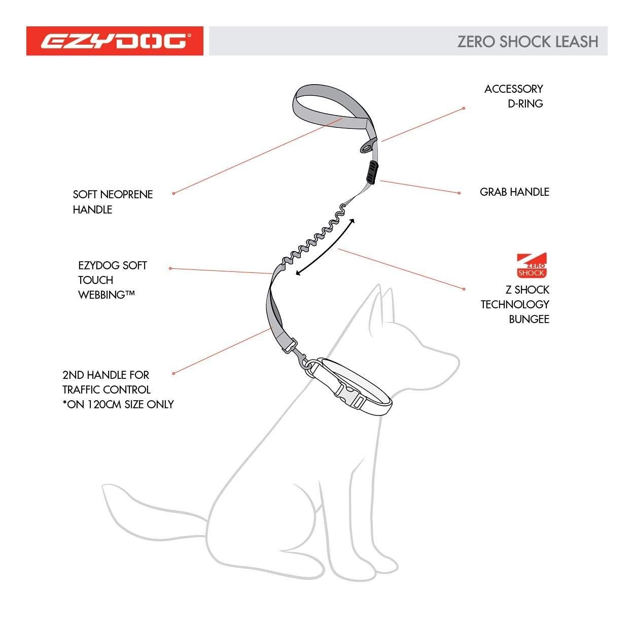 EzyDog Dog Leashes Zero Shock Guinzaglio Cane 1.2m Nero