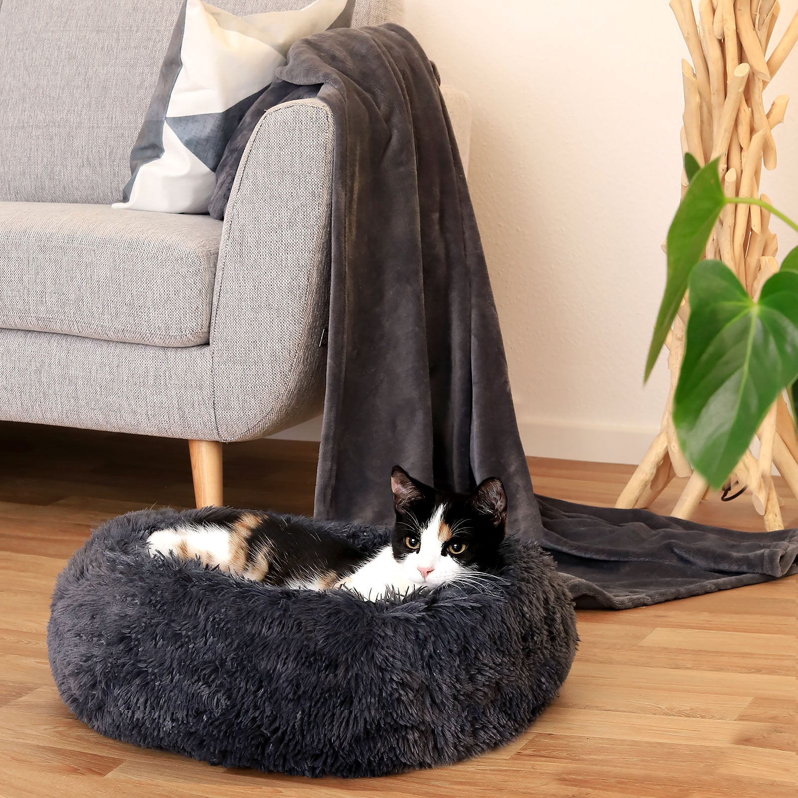 Lionto Katzenbettchen cuccia gatto donut peluche grigio scuro 60 cm